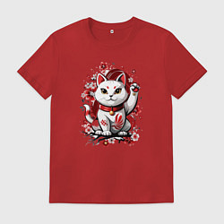 Футболка хлопковая мужская Манеки Неко, белая кошка удачи, цвет: красный