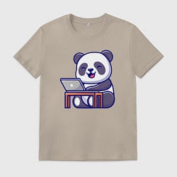 Футболка хлопковая мужская Весёлая панда с ноутбуком, цвет: миндальный