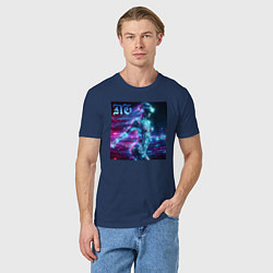 Футболка хлопковая мужская Neon cyber girl - ai art, цвет: тёмно-синий — фото 2