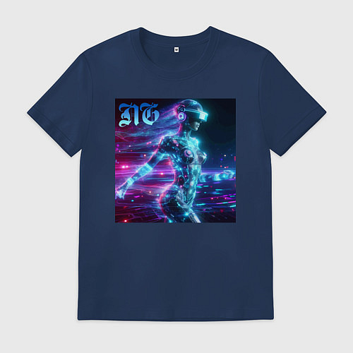 Мужская футболка Neon cyber girl - ai art / Тёмно-синий – фото 1