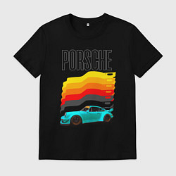Футболка хлопковая мужская Автомобиль Porsche на фоне флага Германии, цвет: черный