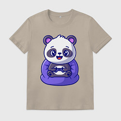 Футболка хлопковая мужская Панда игроман, цвет: миндальный