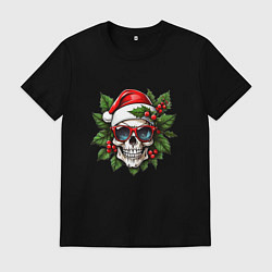 Футболка хлопковая мужская Рождественский венок с черепом, цвет: черный