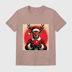 Футболка хлопковая мужская Рождественский олень Рудольф в шапке Санты, цвет: пыльно-розовый