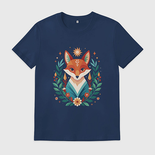 Мужская футболка Лис с венком из ветвей / Тёмно-синий – фото 1