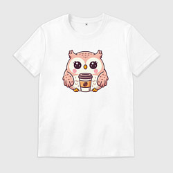 Футболка хлопковая мужская Сова со стаканом кофе, цвет: белый