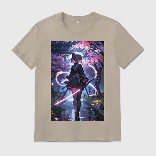 Мужская футболка Девушка с катаной на фоне цветущей сакуры / Миндальный – фото 1