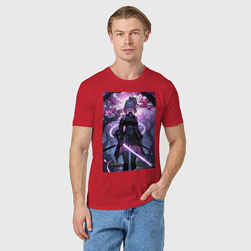 Мужская футболка Девушка с катаной на фоне цветущей сакуры / Красный – фото 3