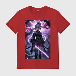Футболка хлопковая мужская Девушка с катаной на фоне цветущей сакуры, цвет: красный