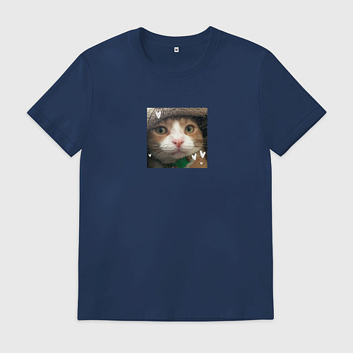 Мужская футболка Рыжий кот с сердечками для пары / Тёмно-синий – фото 1