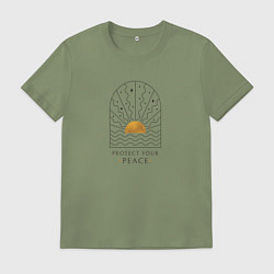 Футболка хлопковая мужская Эмблема с солнцем в стиле бохо с надписью, цвет: авокадо