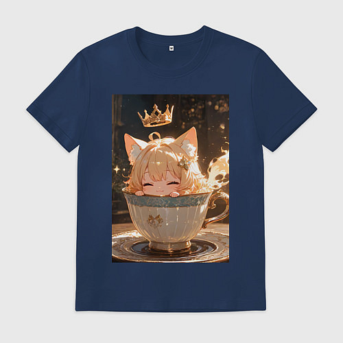 Мужская футболка Кошечка с короной в чашке / Тёмно-синий – фото 1