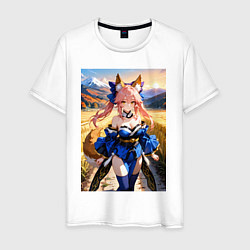 Футболка хлопковая мужская Лиса посреди живописного поля, цвет: белый