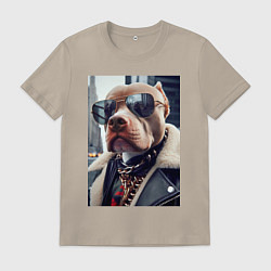Футболка хлопковая мужская Чувак питбуль в тёмных очках, цвет: миндальный