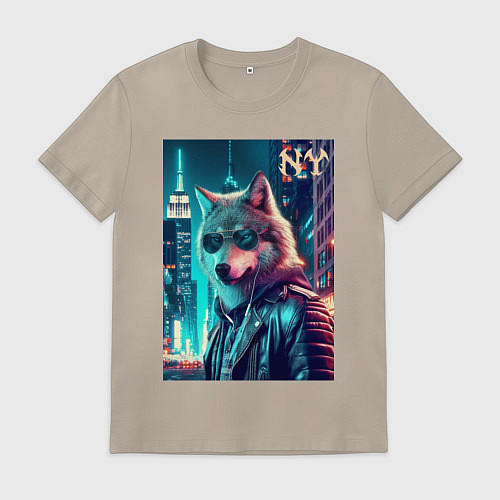 Мужская футболка Крутой волчара в ночном Нью-Йорке - нейроарт / Миндальный – фото 1