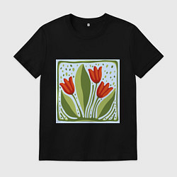 Футболка хлопковая мужская Цветущие тюльпаны, цвет: черный