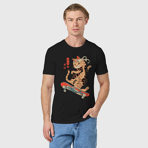 Мужская футболка Кот самурай - скейтбордист / Черный – фото 3