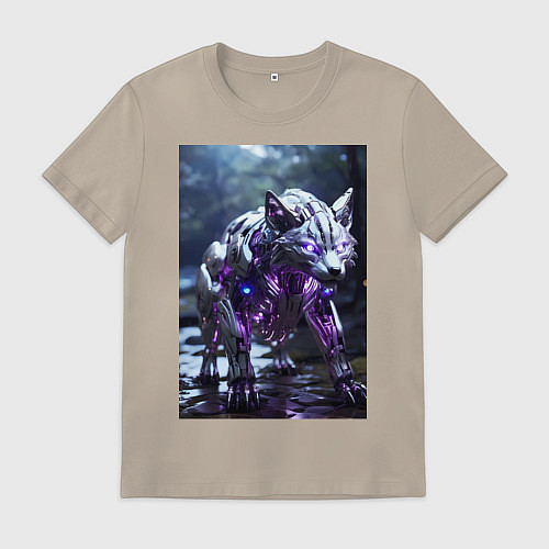 Мужская футболка Киборг лиса с неоновой подсветкой / Миндальный – фото 1