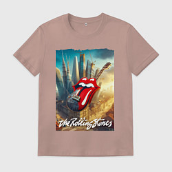 Футболка хлопковая мужская Rolling Stones - logo-guitar, цвет: пыльно-розовый