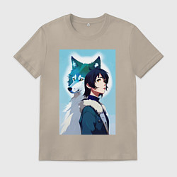 Футболка хлопковая мужская Мечтательная девчонка и волк - нейроарт, цвет: миндальный