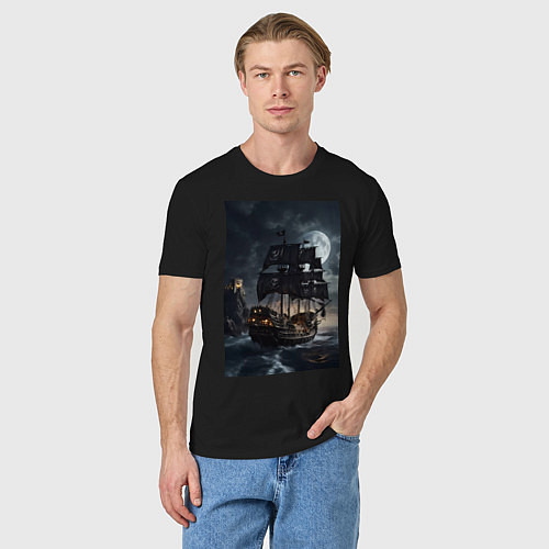 Мужская футболка Пиратский корабль в шторм / Черный – фото 3