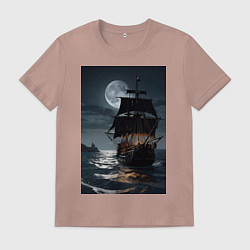 Футболка хлопковая мужская Пиратский корабль в шторм, цвет: пыльно-розовый