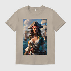 Футболка хлопковая мужская Пиратка на фона флотилии кораблей, цвет: миндальный