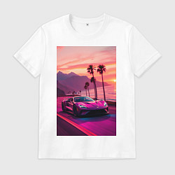 Футболка хлопковая мужская Суперкар едет около океана, цвет: белый