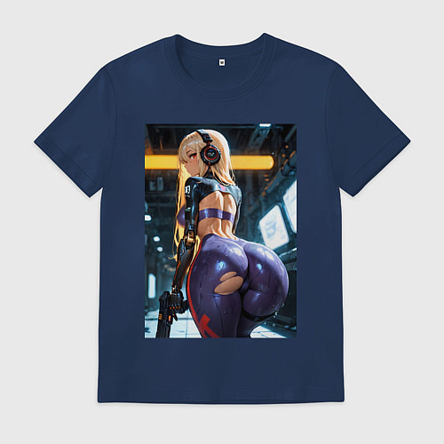 Мужская футболка Девушка с оружием в киберпанк стиле / Тёмно-синий – фото 1