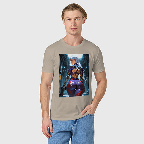 Мужская футболка Девушка с оружием в киберпанк стиле / Миндальный – фото 3