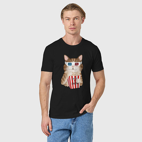 Мужская футболка Котик киноман в очках 3d / Черный – фото 3