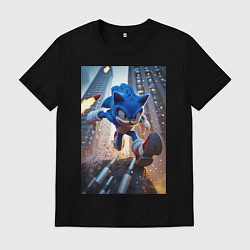 Футболка хлопковая мужская Соник убегает от летящих ракет, цвет: черный