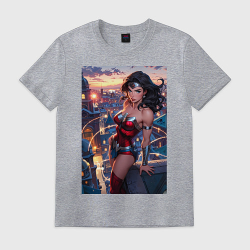 Мужская футболка Чудо-женщина с городским фоном в стиле комиксов / Меланж – фото 1