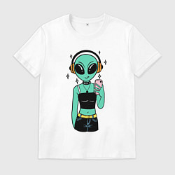 Футболка хлопковая мужская Девочка инопланетянин с телефоном, цвет: белый