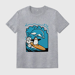 Футболка хлопковая мужская Пингвин покорил волну, цвет: меланж