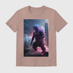 Футболка хлопковая мужская Годзилла посреди мегаполиса, цвет: пыльно-розовый
