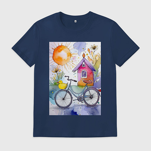 Мужская футболка Утенок на велосипеде - акварель / Тёмно-синий – фото 1