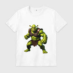 Футболка хлопковая мужская Гибрид Шрека и Халка стоит в динамичной позе, цвет: белый