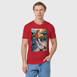 Футболка хлопковая мужская Кошечка тренировка с мечем, цвет: красный — фото 2