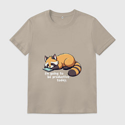 Футболка хлопковая мужская Ленивый енот с телефоном, цвет: миндальный