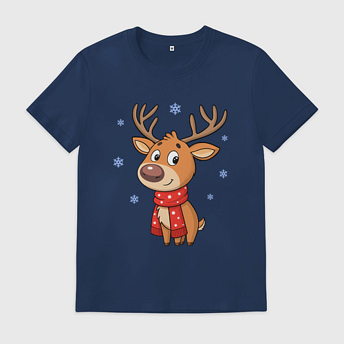 Мужская футболка Новогодний олень и снежинки, зима / Тёмно-синий – фото 1