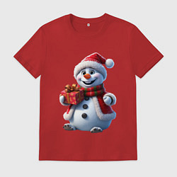 Футболка хлопковая мужская Новогодний снеговик в красной шапке, цвет: красный