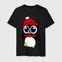 Футболка хлопковая мужская Удивленный пингвинчик, цвет: черный