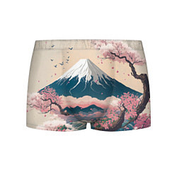 Трусы-боксеры мужские Японский пейзаж: цветение сакуры у горы Фудзияма, цвет: 3D-принт