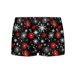 Трусы-боксеры мужские Белые и красные снежинки на черном фоне - нейросет, цвет: 3D-принт