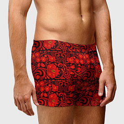 Трусы-боксеры мужские Хохломская роспись красные цветы и ягоды на чёрном, цвет: 3D-принт — фото 2