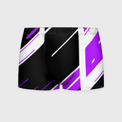 Трусы-боксеры мужские Бело-фиолетовые полосы на чёрном фоне, цвет: 3D-принт