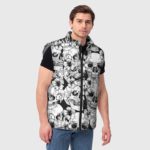 Мужской жилет Чёрно белые черепа и маки / 3D-Светло-серый – фото 3