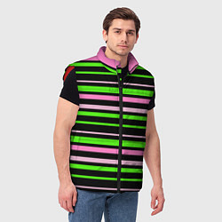 Мужской жилет Полосаты узор в зелено-розовых оттенках на черном, цвет: 3D-красный — фото 2