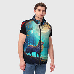Мужской жилет Волк в ночном лесу в folk art стиле, цвет: 3D-красный — фото 2
